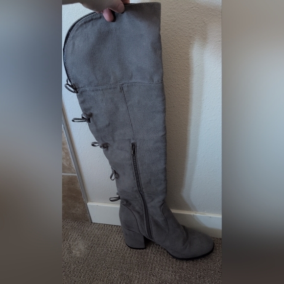 Charming Charlie Tall Bow Back Detail Grey Suede Heeled Boots - Picture 6 of 12